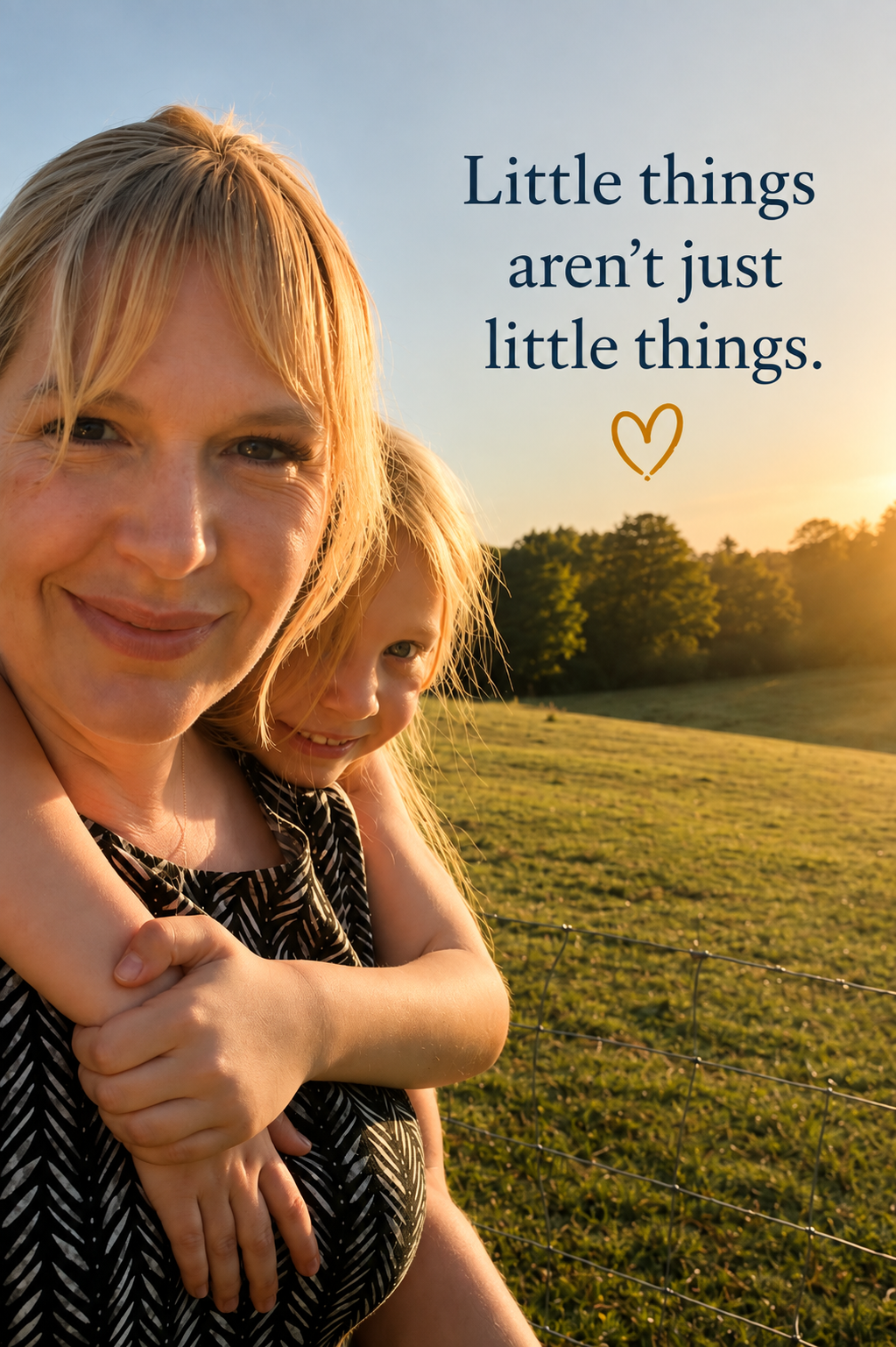 A parent and child together in a field at sunset, beside the words: little things aren't just little things.